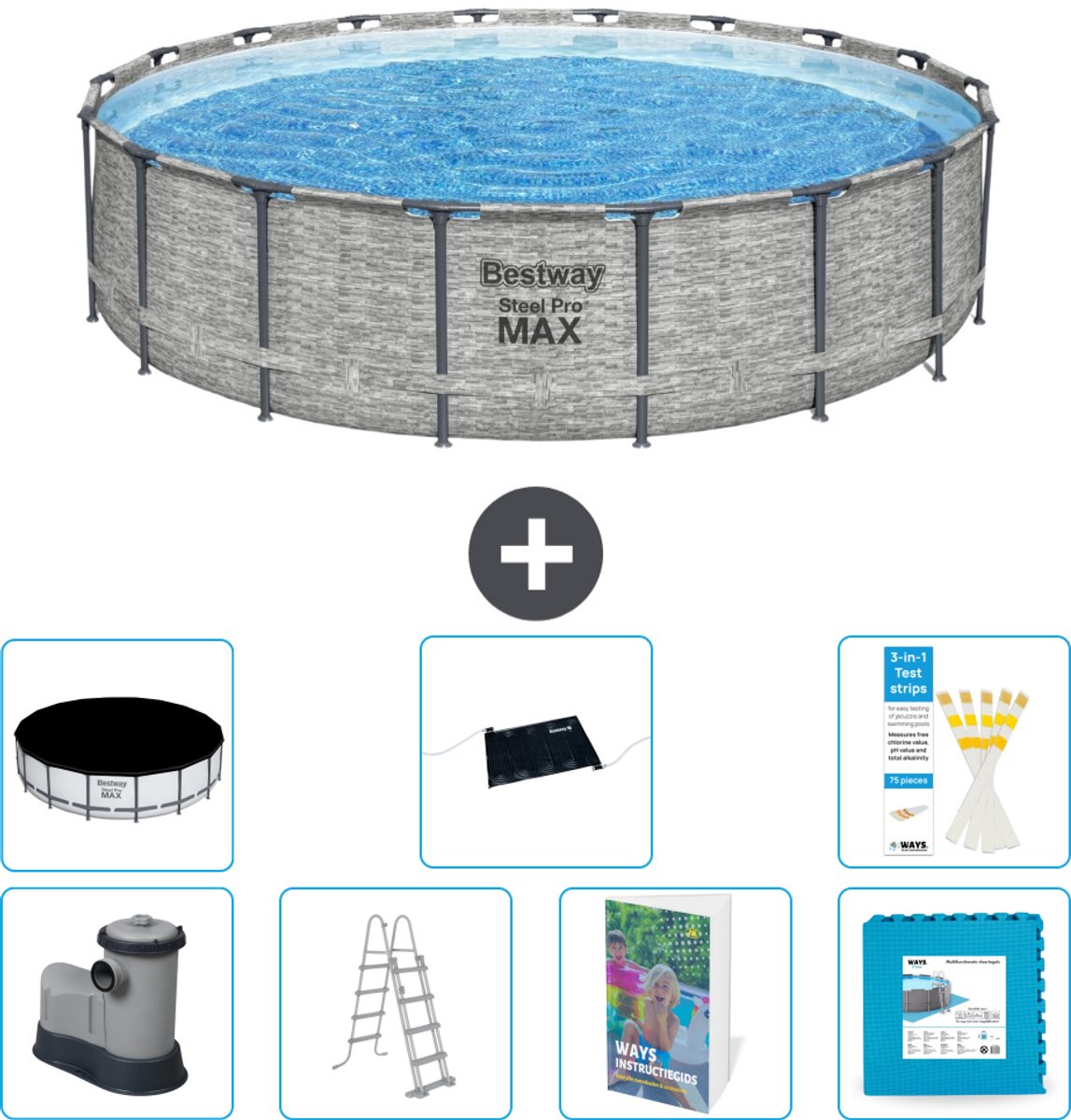 Bestway Rond Steel Pro MAX Zwembad - Steenprint - 549 x 122 - Inclusief Pomp - Ladder - Afdekzeil - Solar Mat - Vloertegels - 8-delig