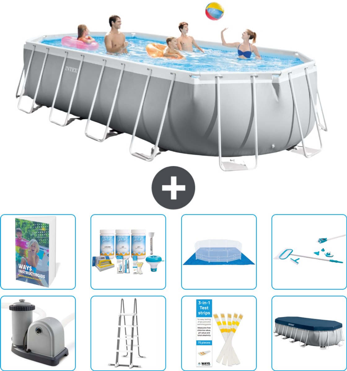 Intex Ovaal Prism Frame Zwembad - 610 x 305 x 122 cm - Grijs - Inclusief Pomp - Ladder - Grondzeil - Afdekzeil - Onderhoudspakket - Schoonmaakset - 9-delig