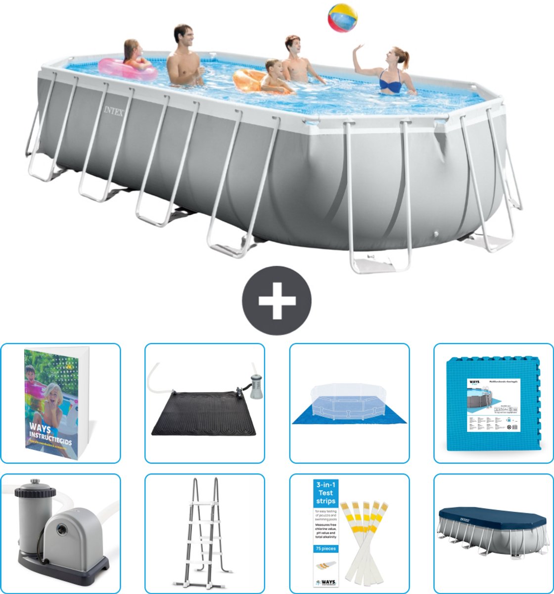 Intex Ovaal Prism Frame Zwembad - 610 x 305 x 122 cm - Grijs - Inclusief Pomp - Ladder - Grondzeil - Afdekzeil - Solar Mat - Vloertegels - 9-delig
