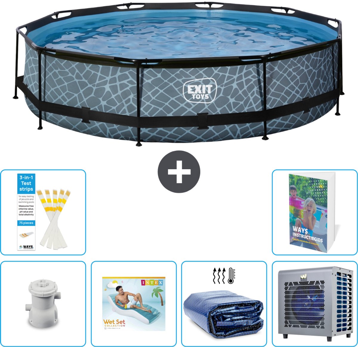 EXIT Rond Stone Frame Zwembad - 360 x 76 cm - Inclusief Pomp - Loungebed - Solarzeil - Warmtepomp - 7-delig