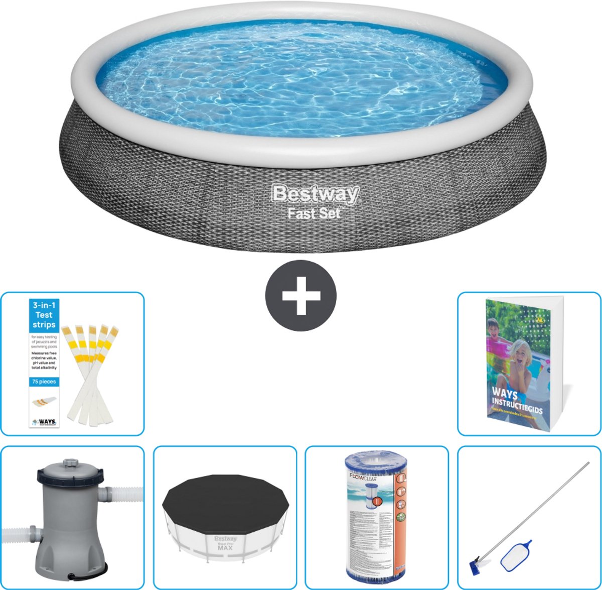 Bestway Rond Opblaasbaar Fast Set Zwembad - Rotanprint - 396 x 84 cm - Inclusief Pomp - Afdekzeil - Filter - Schoonmaakset - 7-delig