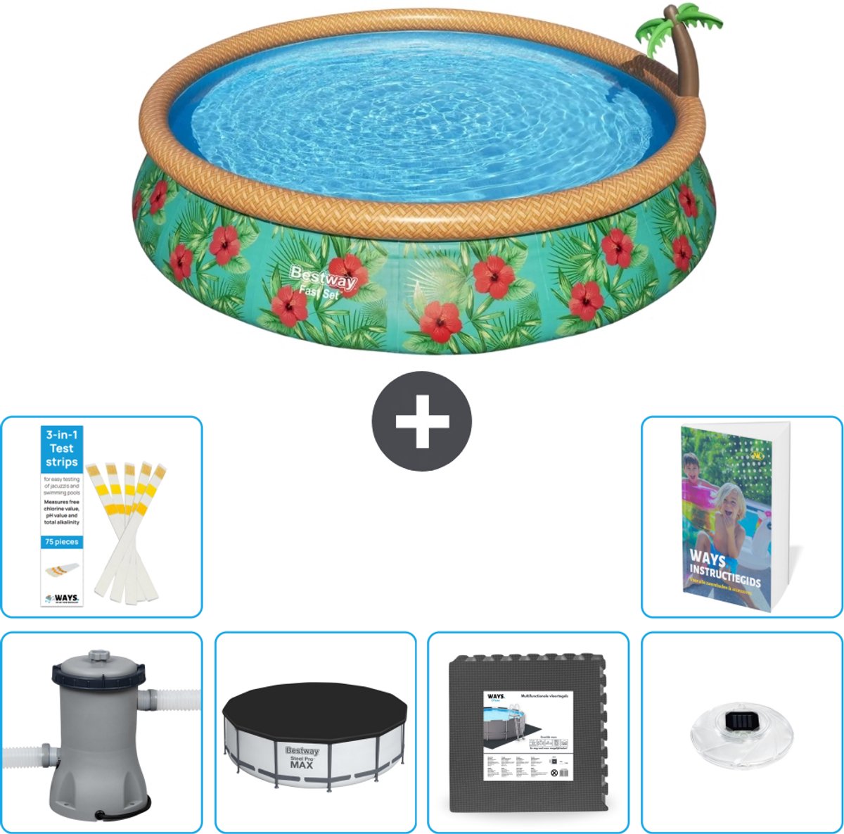 Bestway Rond Opblaasbaar Fast Set Zwembad - Paradijsprint - 457 x 84 cm - Inclusief Pomp - Afdekzeil - Vloertegels - Verlichting - 7-delig