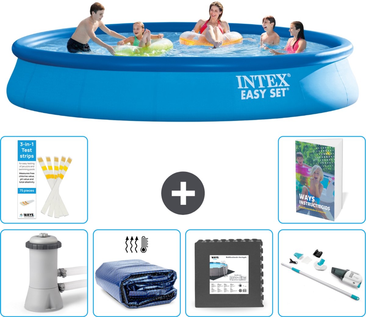 Intex Rond Opblaasbaar Easy Set Zwembad - 457 x 84 cm - Blauw - Inclusief Pomp - Solarzeil - Vloertegels - Stofzuiger - 7-delig