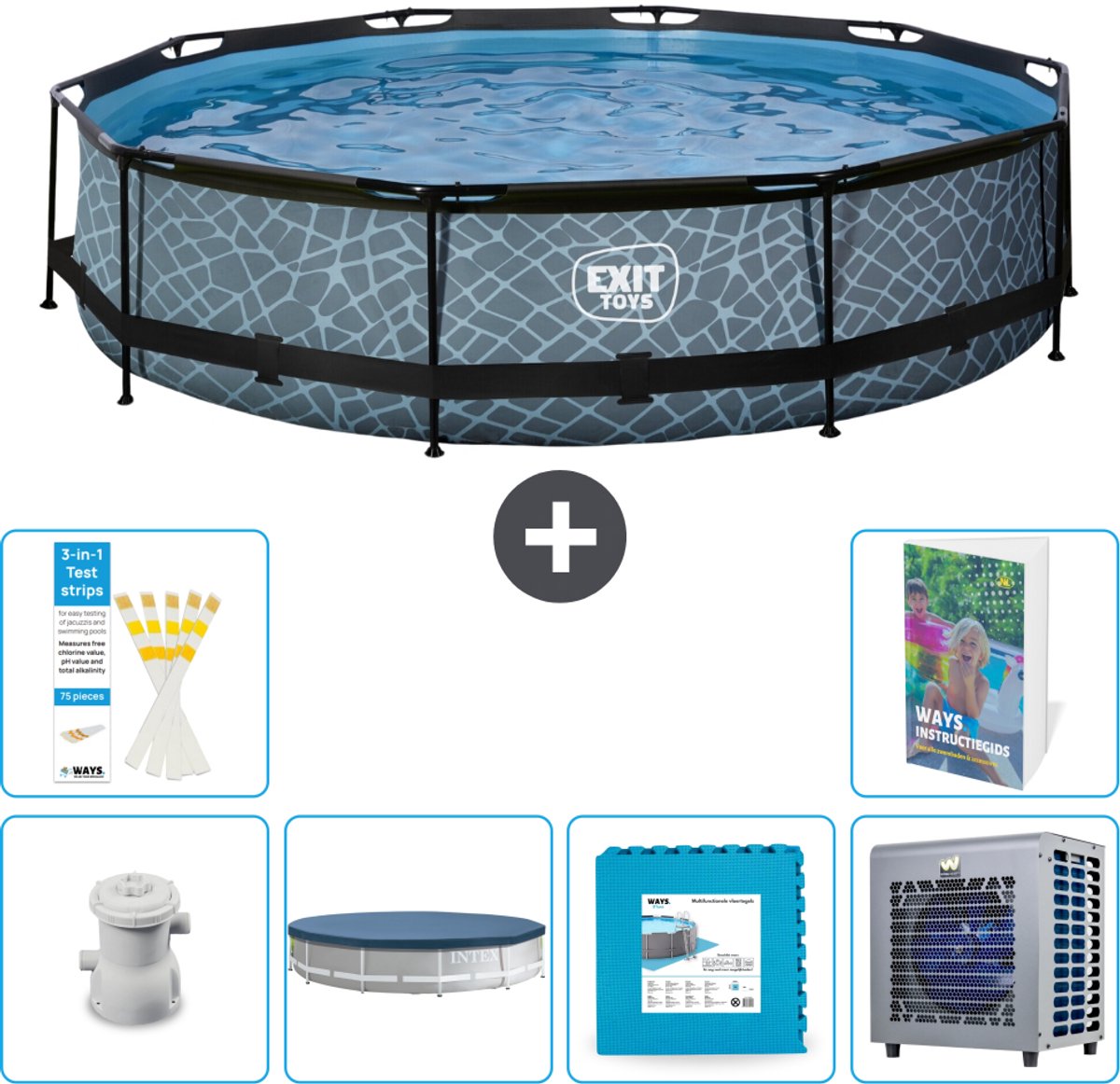 EXIT Rond Stone Frame Zwembad - 360 x 76 cm - Inclusief Pomp - Afdekzeil - Vloertegels - Warmtepomp - 7-delig