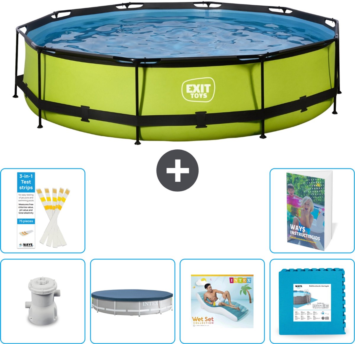 EXIT Rond Lime Frame Zwembad - 360 x 76 cm - Inclusief Pomp - Afdekzeil - Loungebed - Vloertegels - 7-delig