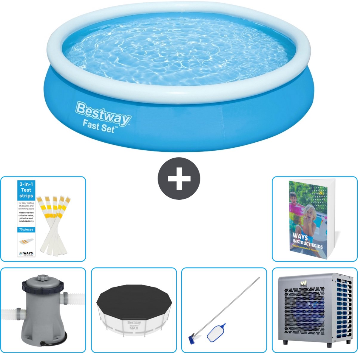 Bestway Rond Opblaasbaar Fast Set Zwembad - 366 x 76 cm - Blauw - Inclusief Pomp - Afdekzeil - Schoonmaakset - Warmtepomp - 7-delig