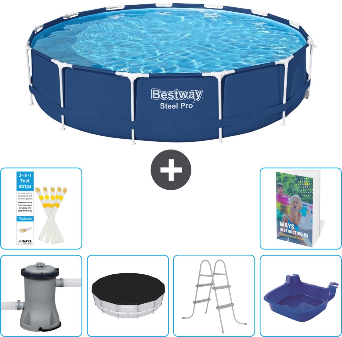 Bestway Rond Steel Pro Zwembad - 396 x 84 cm - Blauw - Inclusief Pomp - Afdekzeil - Ladder - Voetenbad - 7-delig