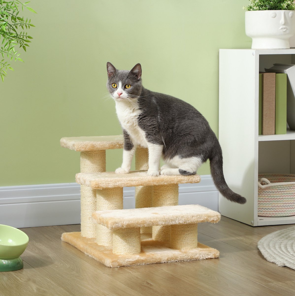 REDOM - Kattenkrabmeubel met 3 niveaus - Sisal krabpalen en pluche bekleding - 34 cm hoog - Voor oudere katten - Beige - 45 x 35 x 34 cm