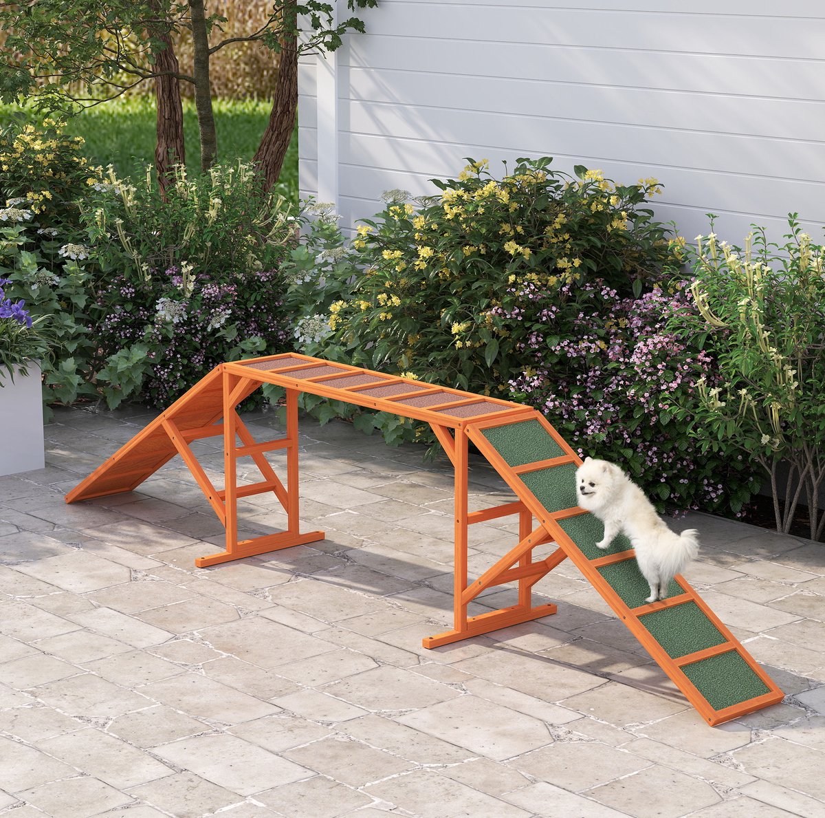 REDOM - Agility Dierensport - Honden agility steg - Loopplank met veiligheidsstang en antislipoppervlak - Hout - Buiten - Oranje - 325 x 55 x 69 cm