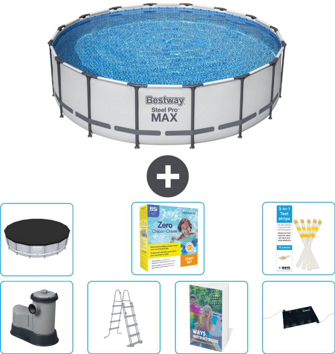 Bestway Rond Steel Pro MAX Zwembad - 488 x 122 cm - Grijs - Inclusief Pomp - Ladder - Afdekzeil - Onderhoudspakket - Solar Mat - 8-delig