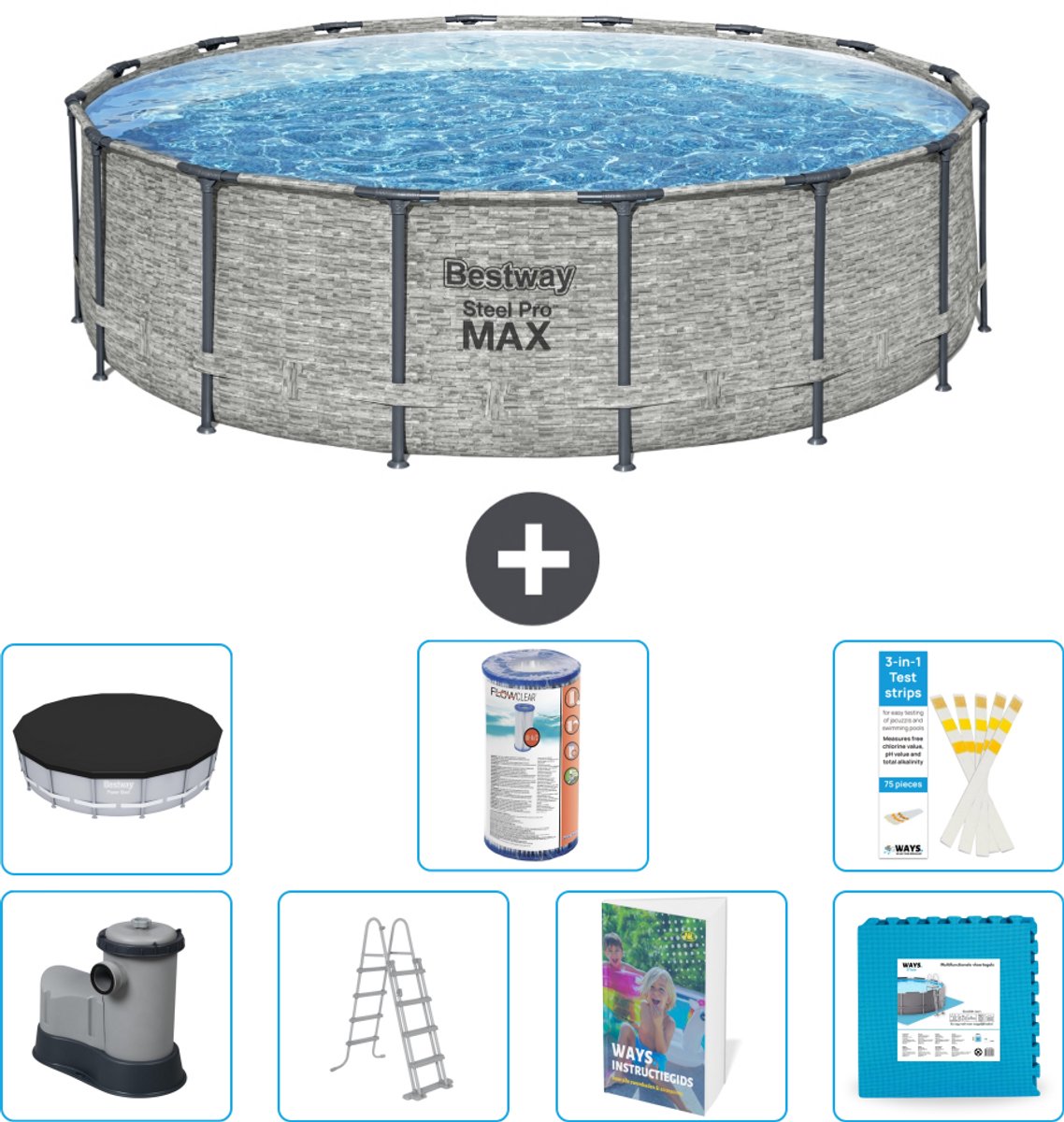 Bestway Rond Steel Pro MAX Zwembad - Steenprint - 488 x 122 cm - Inclusief Pomp - Ladder - Afdekzeil - Filter - Vloertegels - 8-delig