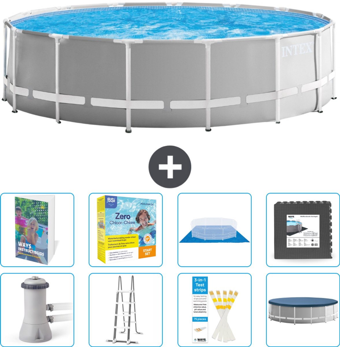 Intex Rond Prism Frame Zwembad - 457 x 122 cm - Grijs - Inclusief Pomp - Ladder - Grondzeil - Afdekzeil - Onderhoudspakket - Vloertegels - 9-delig