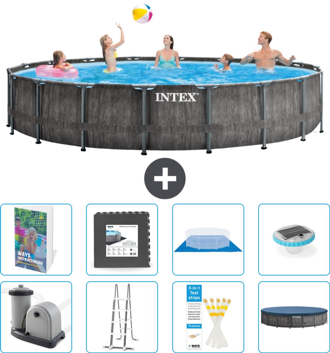 Intex Rond Prism Frame Greywood Zwembad - 549 x 122 cm - Inclusief Pomp - Ladder - Grondzeil - Afdekzeil - Vloertegels - Verlichting - 9-delig