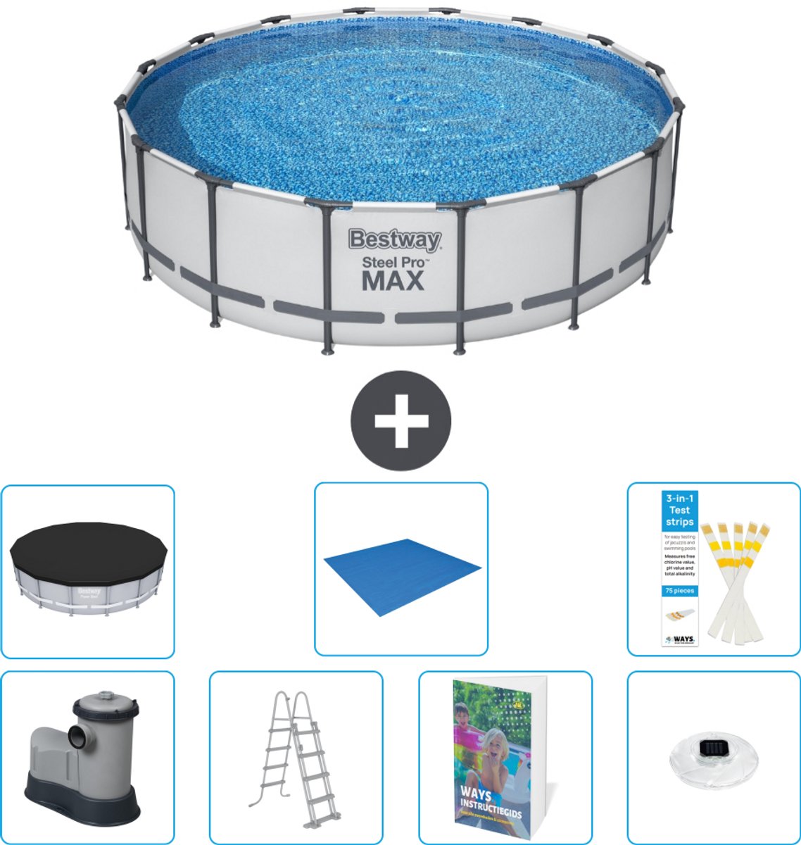 Bestway Rond Steel Pro MAX Zwembad - 488 x 122 cm - Grijs - Inclusief Pomp - Ladder - Afdekzeil - Grondzeil - Verlichting - 8-delig