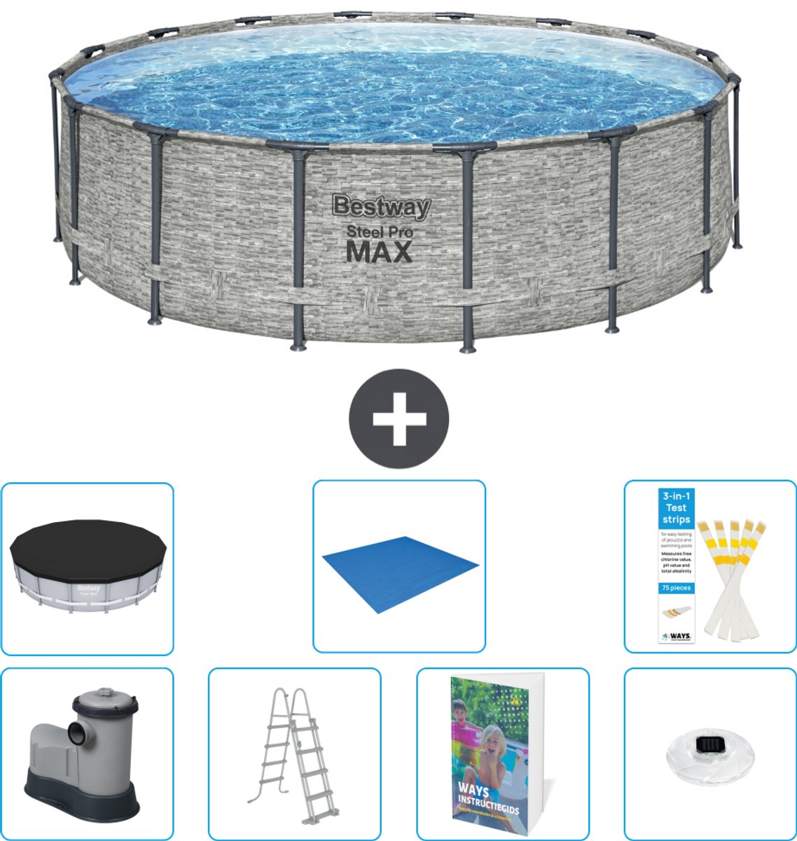 Bestway Rond Steel Pro MAX Zwembad - Steenprint - 488 x 122 cm - Inclusief Pomp - Ladder - Afdekzeil - Grondzeil - Verlichting - 8-delig