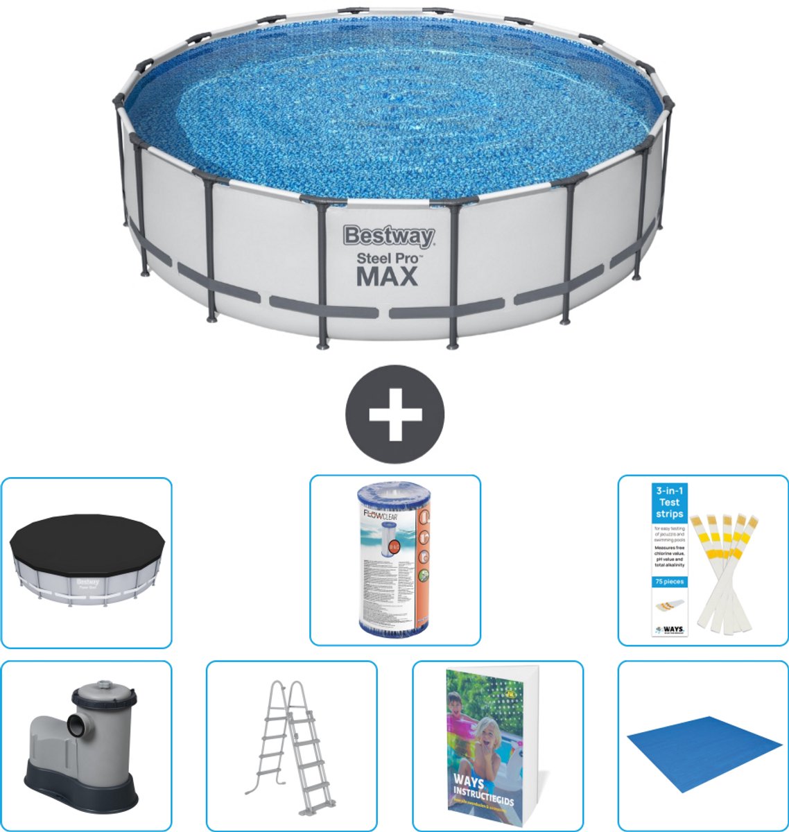 Bestway Rond Steel Pro MAX Zwembad - 488 x 122 cm - Grijs - Inclusief Pomp - Ladder - Afdekzeil - Filter - Grondzeil - 8-delig