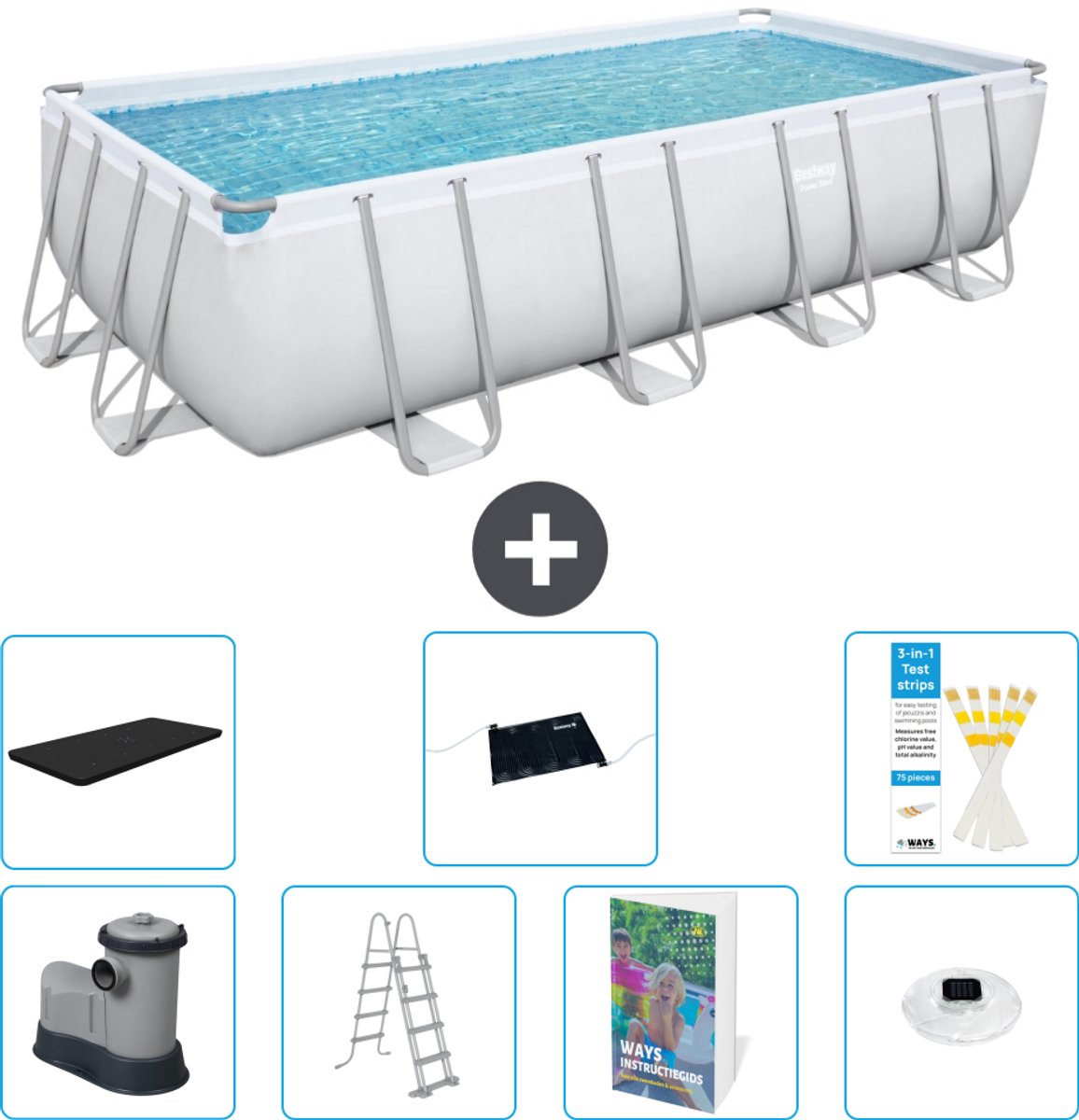 Bestway Rechthoekig Power Steel Zwembad - 549 x 274 x 122 - Grijs - Inclusief Pomp - Ladder - Afdekzeil - Solar Mat - Verlichting - 8-delig