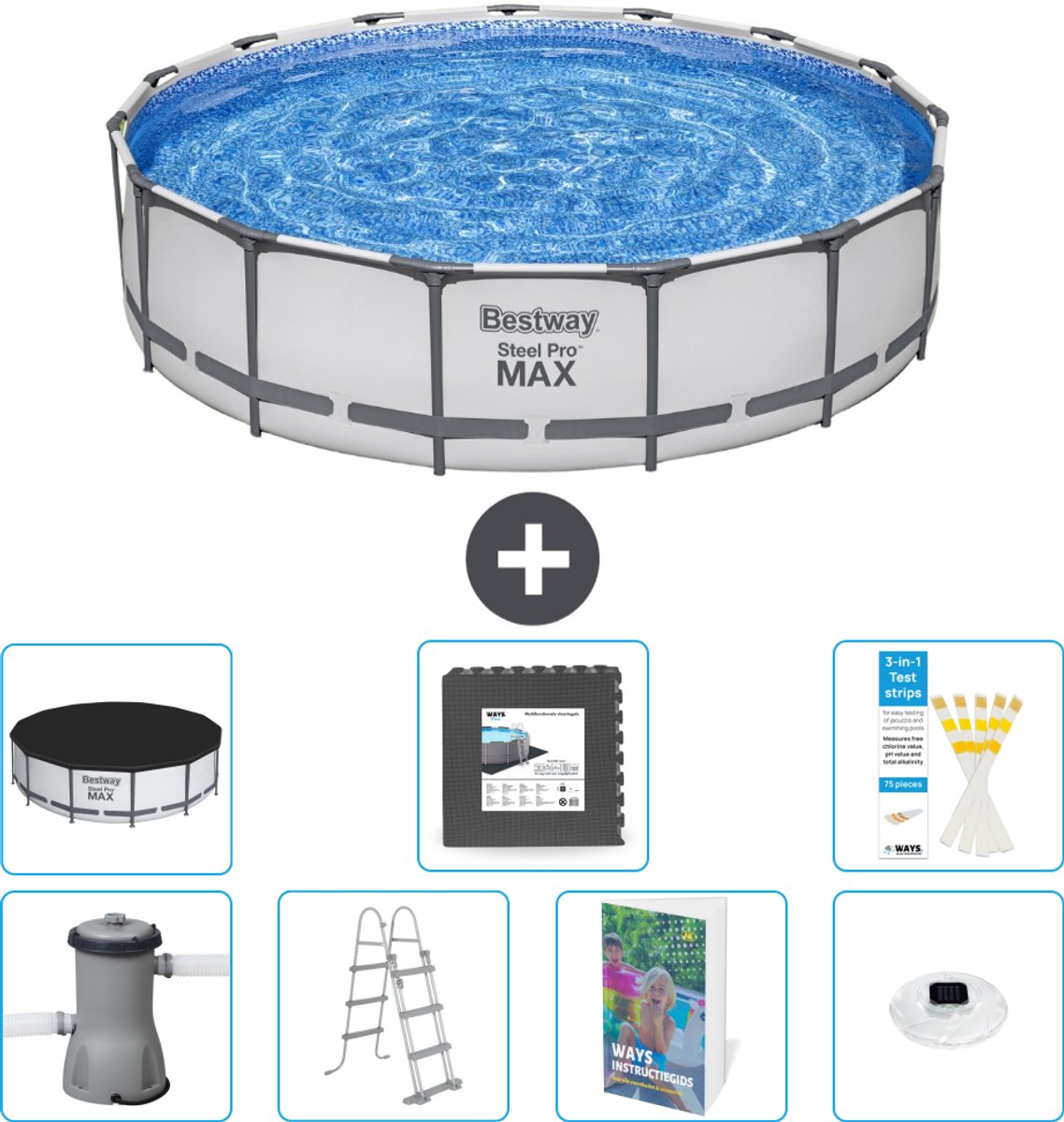 Bestway Rond Steel Pro MAX Zwembad - 457 x 107 cm - Grijs - Inclusief Pomp - Ladder - Afdekzeil - Vloertegels - Verlichting - 8-delig