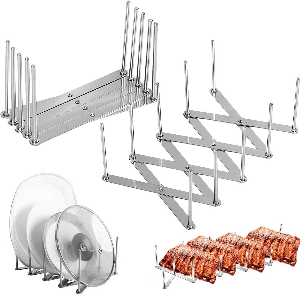 Pannendeksel Houder - RVS Dekselhouder - 4 Laags - Uitschuifbare - Pannendeksel Organizer - Snijplank Houder - Keukenkast Organizer - Kras en Roest Vrij - Opbergrek - Bordenrek - Pan Accessoires - Voor Snijplanken of Deksels