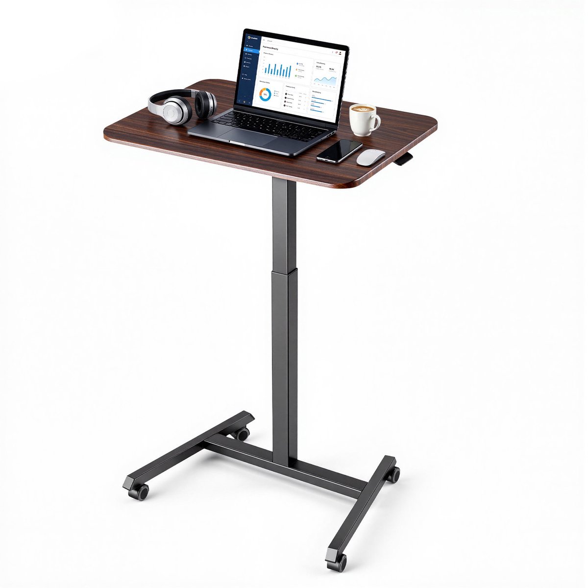 Vevor in Hoogte Verstelbaar Bureau/Computerbureau 650x480x(725-1605)mm, Metalen Frame, MDF-Blad, Draagvermogen van 15 kg, Zwenkwielen met Remmen, Zit-Sta Bureau voor Thuis, Kantoor, Studeerkamer of Kantoor Bruin & Zwart