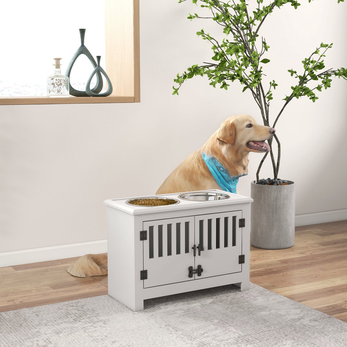 REDOM- Voerbak - Verhoogde voerbak met 2 RVS schalen - Opbergvak - Met slot - Voor grote honden - MDF en RVS - Wit - 60 x 30 x 43 cm