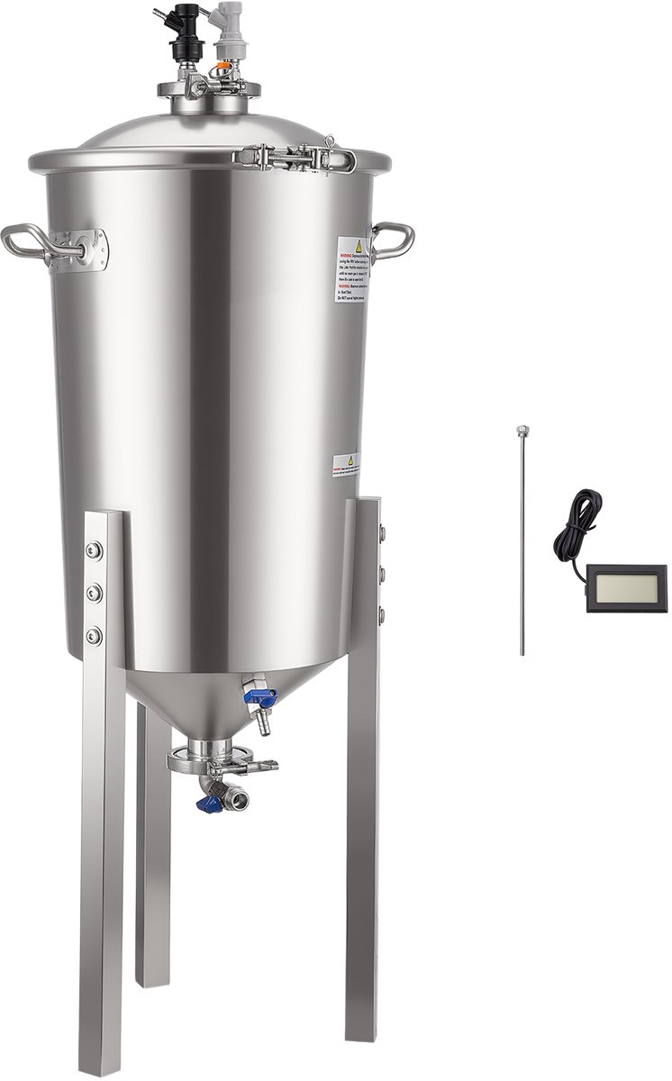 Conische Roestvrijstalen Gistingsketel 30L, Gistingsvat voor Thuisbrouwen met Conische Bodem, Verlengpoten, Deksel, Handvat en Thermometer, Ideaal voor Wijn- en Biergisting