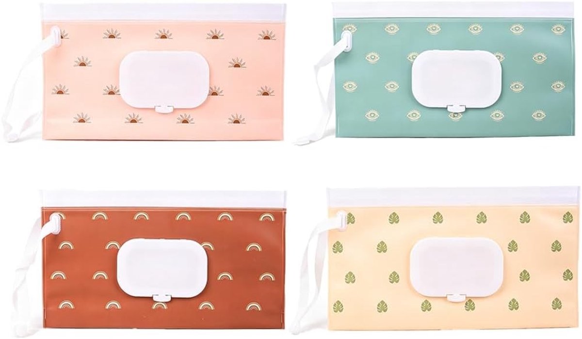 Herbruikbare vochtige doekjes tas voor onderweg, set van 4, ideaal voor babydoekjes, reizen en thuisgebruik, met kleurrijke patronen en draagbare dispenser