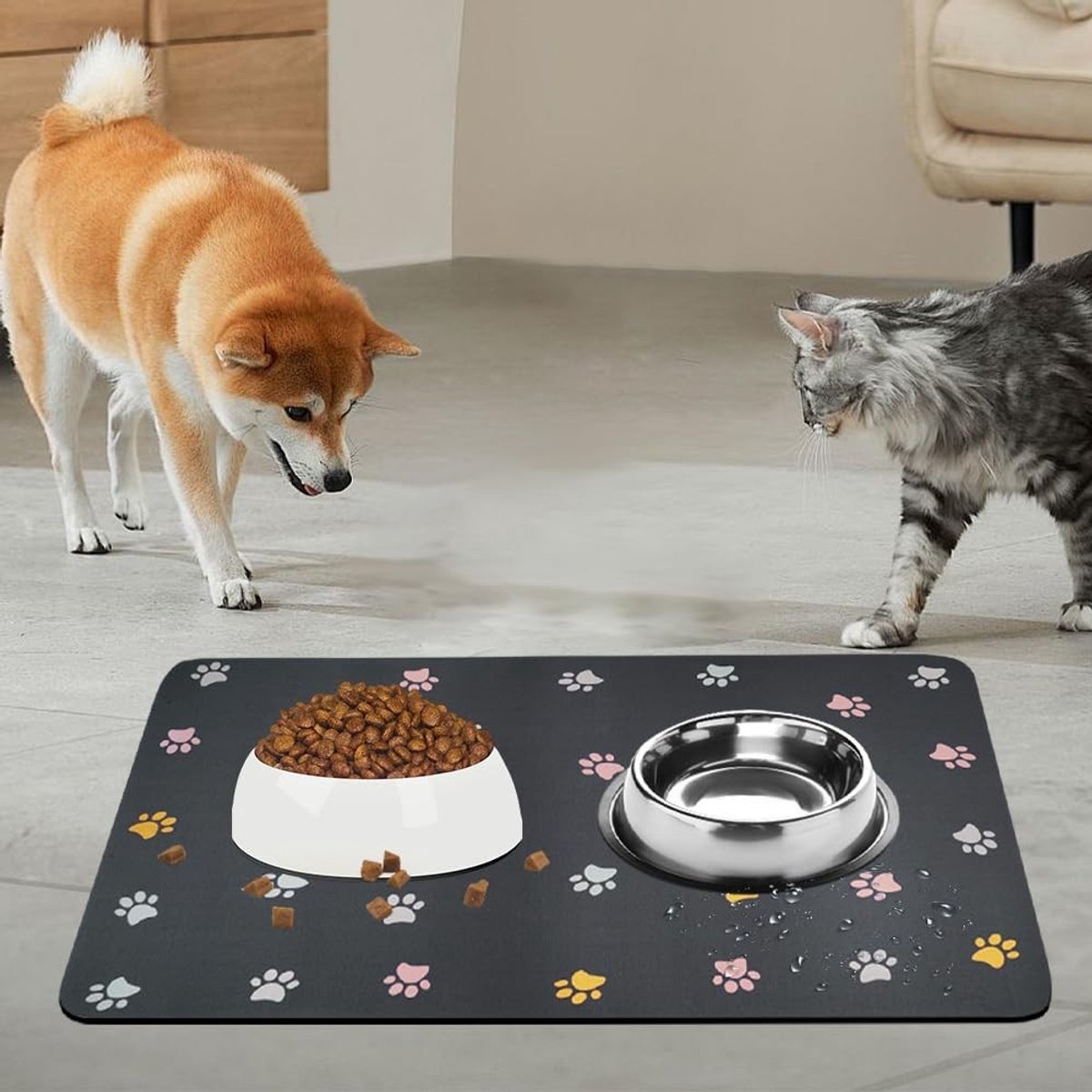 Non-slip absorberende voer- en drinkmat voor katten en honden 30x50cm | Sneldrogend, groot formaat, houdt de vloer schoon na het eten