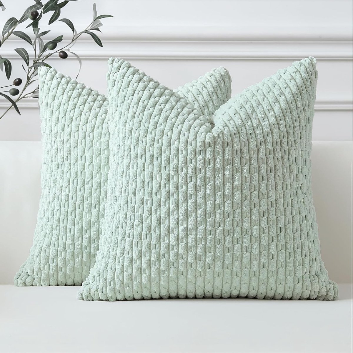 Set van 2 Lichtgroene Zachte Corduroy Decoratieve Kussenhoezen met Boho Strepen voor Bank en Woonkamer - 40x40cm Kussenslopen voor Huisdecoratie en Patio