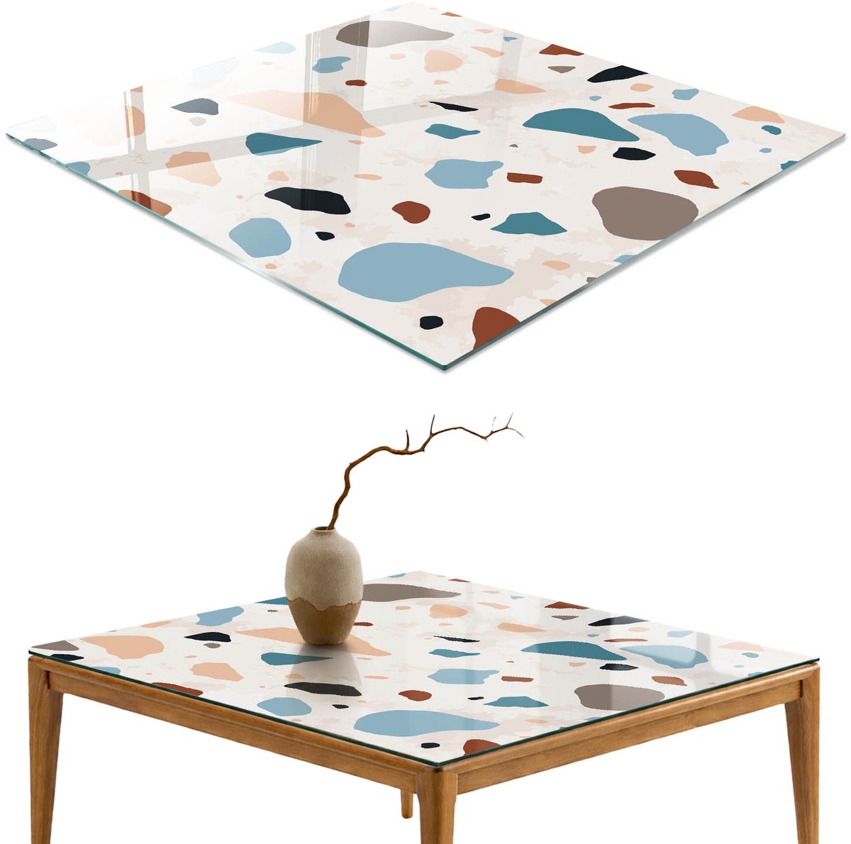 ArtPrintCave Kleurrijk terrazzo Glazen Tafelblad 60x60 cm - Tafelblad Rechthoek - Beige Keukentafel - Abstractie Keukentafel
