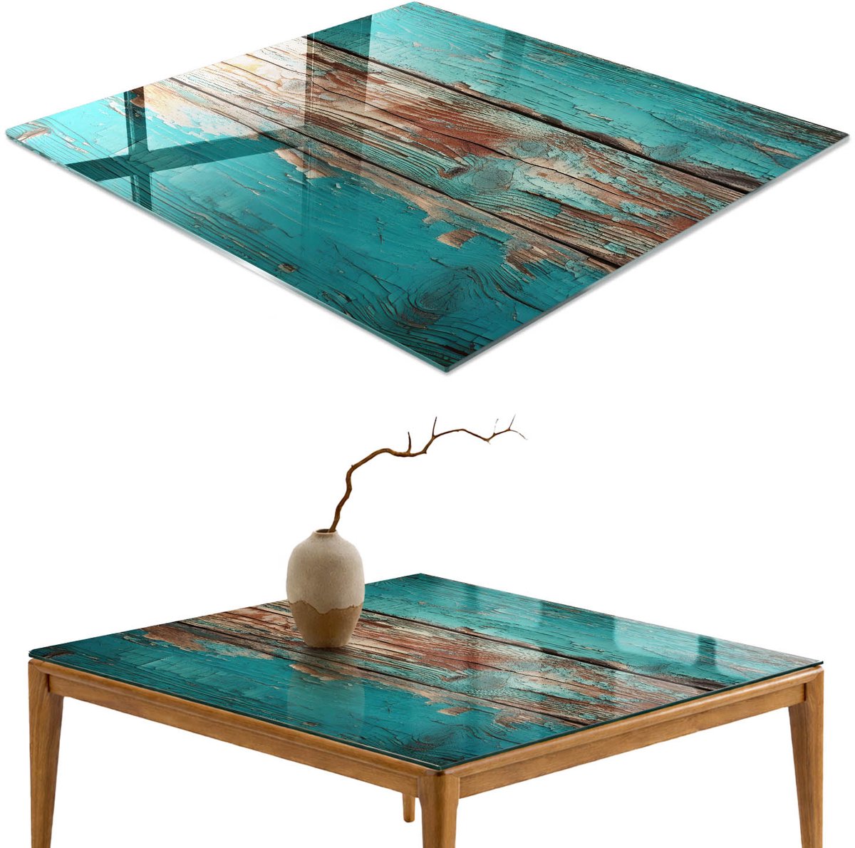 ArtPrintCave Turkoois hout Glazen Tafelblad 60x60 cm - Tafelblad Rechthoek - Turkoois Glazen Eettafel - Texturen Glasplaat