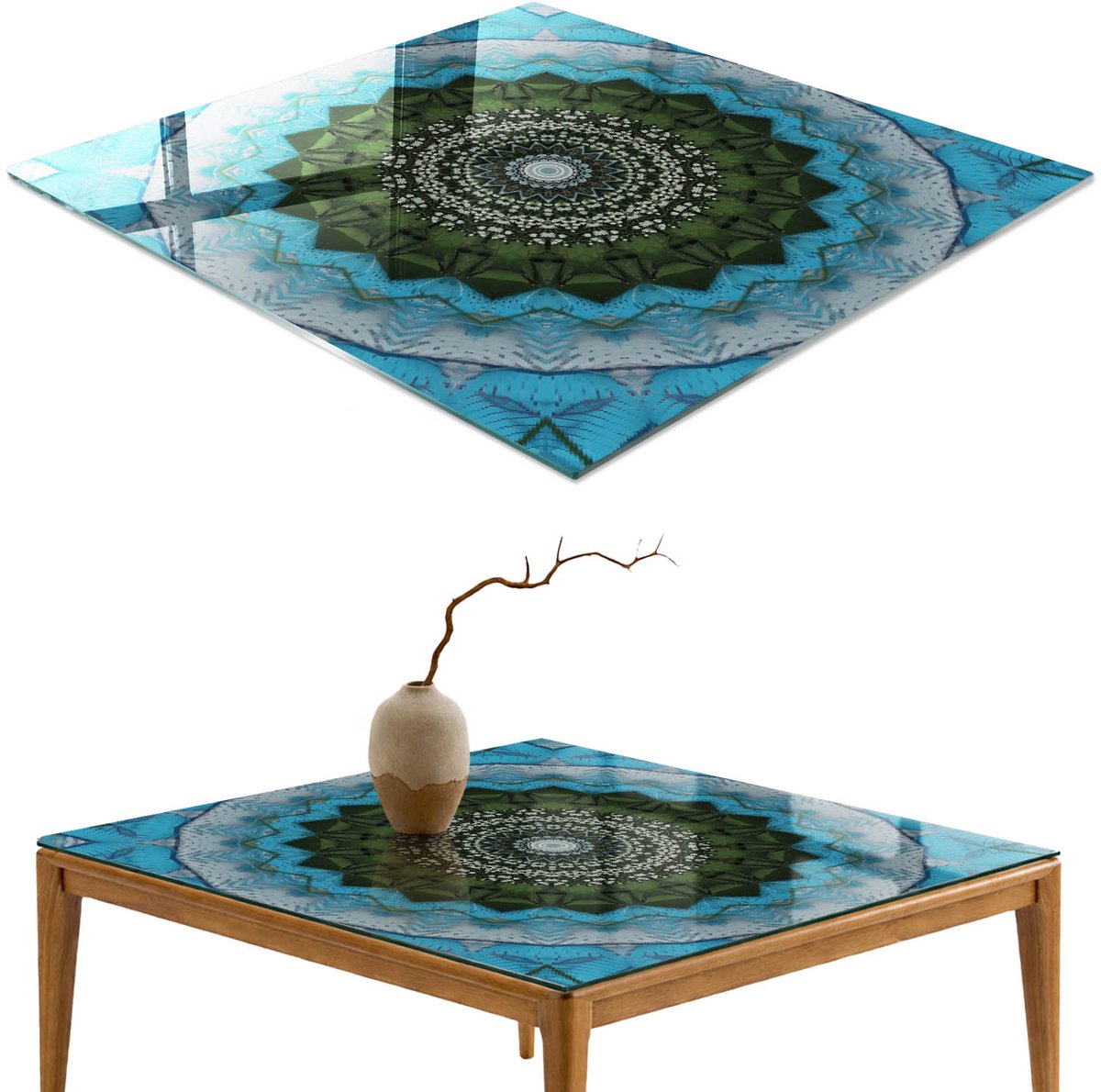 ArtPrintCave Natuurmandala Glazen Tafelblad - 50x50 cm - Tafelblad Vierkanten - Blauw Tafelblad Glas - Abstractie Keukentafel