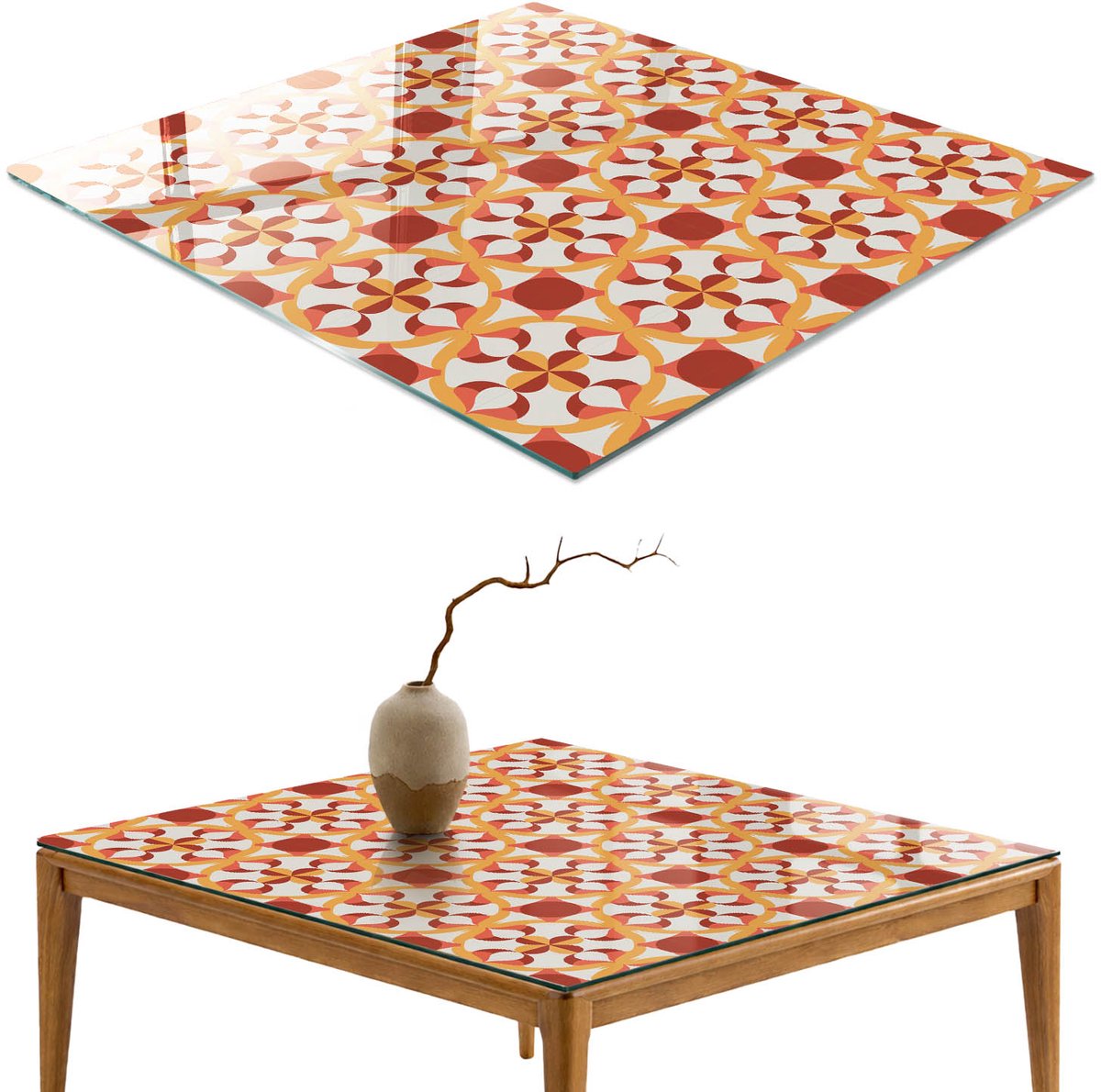 ArtPrintCave Geometrische patronen Glazen Tafelblad 60x60 cm - Tafelblad Rechthoek - Oranje Glazen Eettafel - Achtergronden en patronen Terrastafel