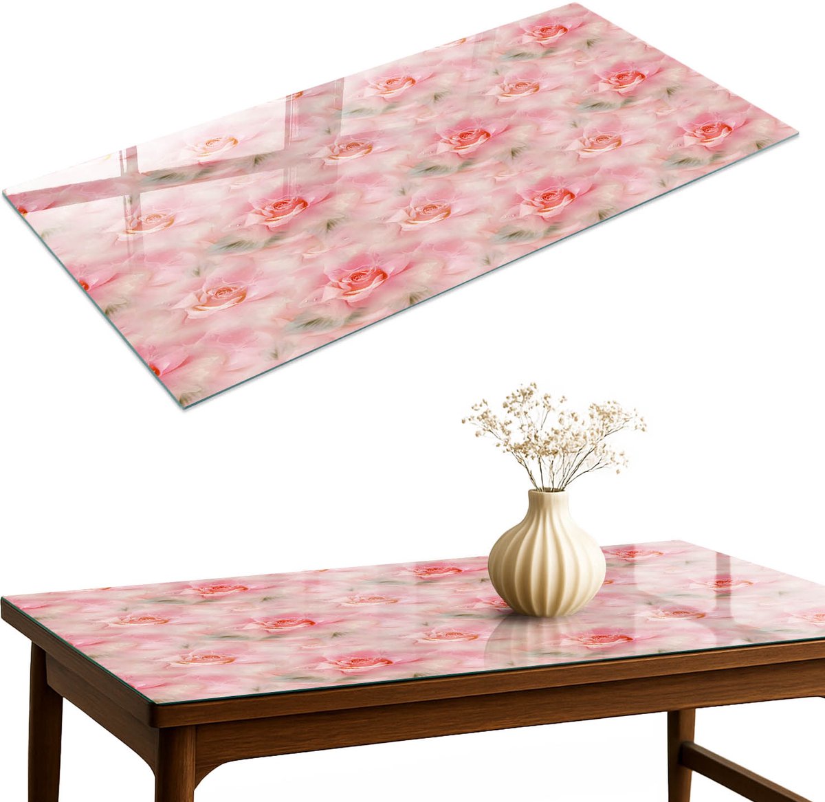 ArtPrintCave Rozenpatroon Glazen Tafelblad 140x70 cm - Tafelblad Rechthoek - Roze Bureaublad - Bloemen en planten Keukentafel