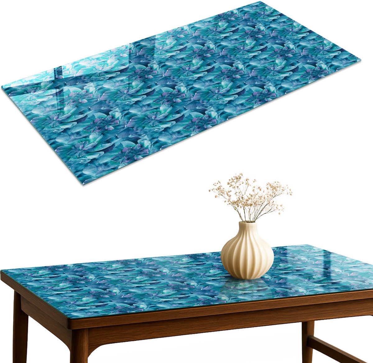 ArtPrintCave Bloemenmozaïek Glazen Tafelblad 140x70 cm - Tafelblad Rechthoek - Blauw Keukentafel - Bloemen en planten Eettafel Met Glasplaat