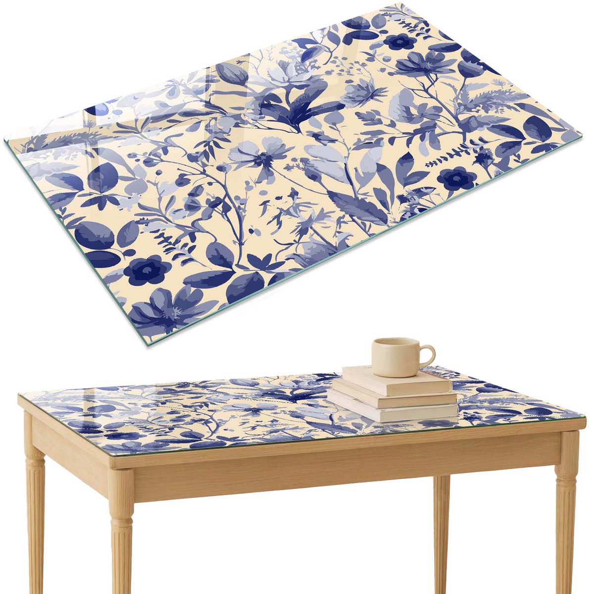 ArtPrintCave Blauwe bloemen Glazen Tafelblad 120x80 cm - Tafelblad Rechthoek - Romig Glazen Eettafel - Bloemen en planten Glazen Eettafel