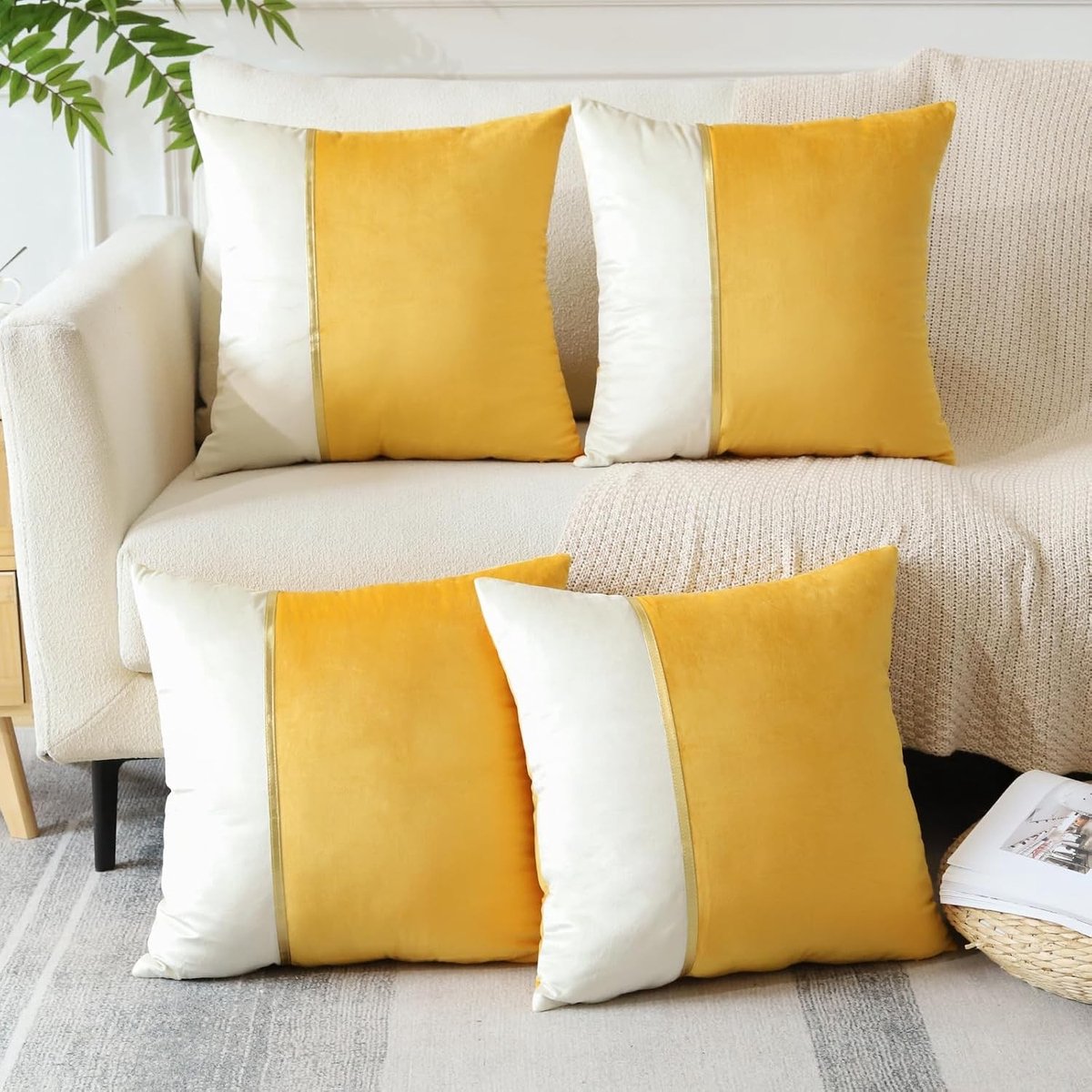 Set van 4 Decoratieve Kussenhoezen 45 x 45 cm, Zacht Patchwork Velvet met Gouden Leer, Ideaal voor Bank en Slaapkamer
