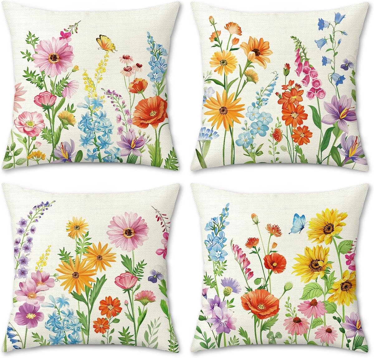 Decoratieve Kussenhoezen 45x45cm met Lente Bloemenpatroon van Polyester en Linnen voor Sofa en Buiten, Set van 4 voor een Frisse Lente uitstraling