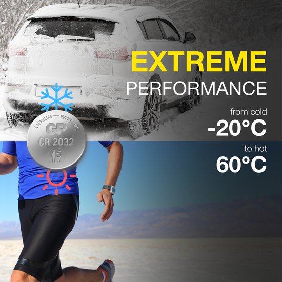 Auto in sneeuw en renner in woestijn. Zilveren batterij GP CR2032 met tekst "EXTREME PERFORMANCE", van -20°C tot 60°C.
