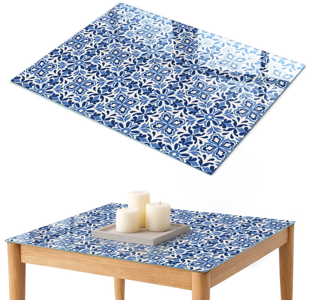 ArtPrintCave Bloemenmozaïek Glazen Tafelblad 100x70 cm - Tafelblad Rechthoek - Blauw Bureaublad - Teksten Glasplaat