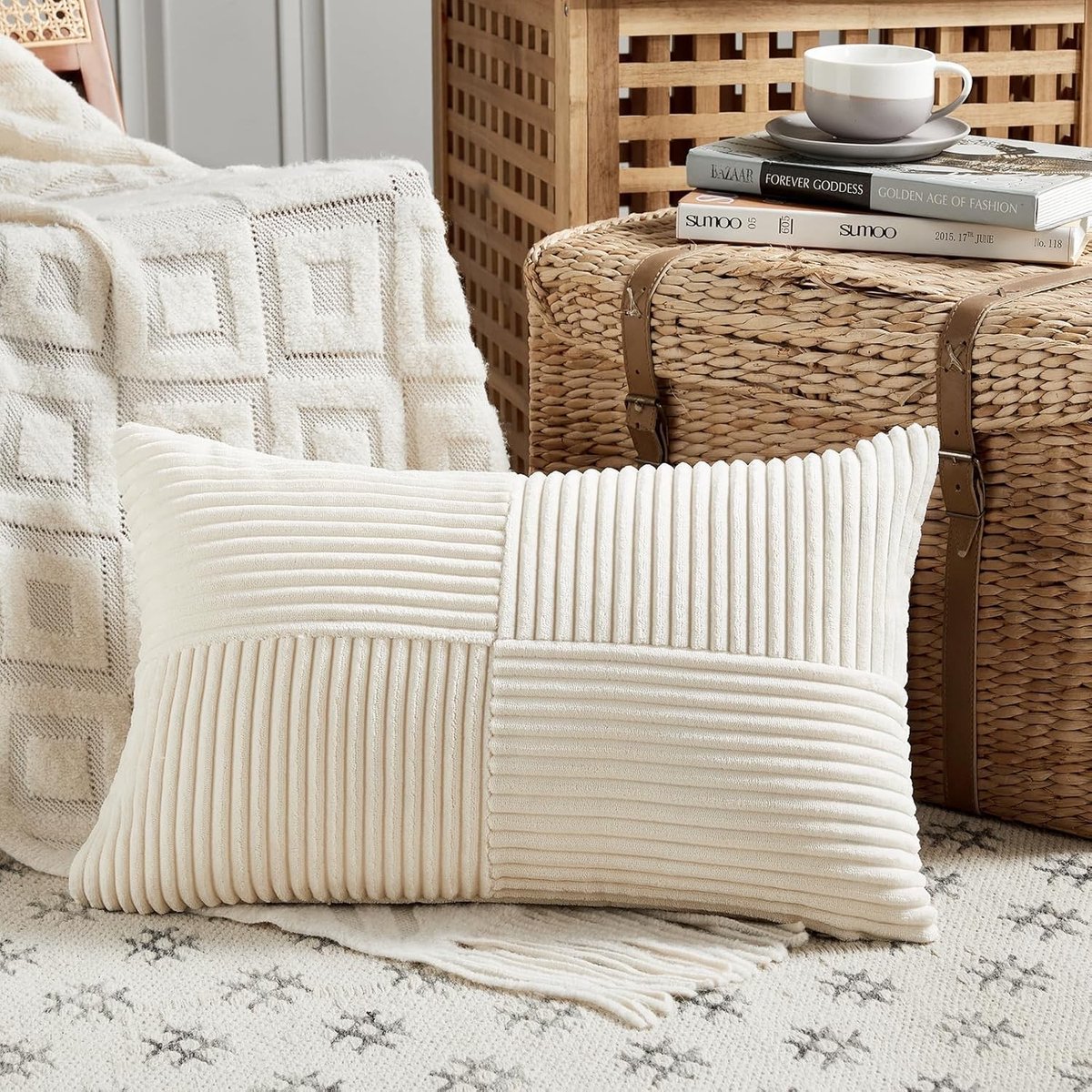 Boho Kussenhoes 35 x 60 cm in Crème met Kruispatroon, Zacht Beige Corduroy, Perfect voor Bank en Slaapkamer