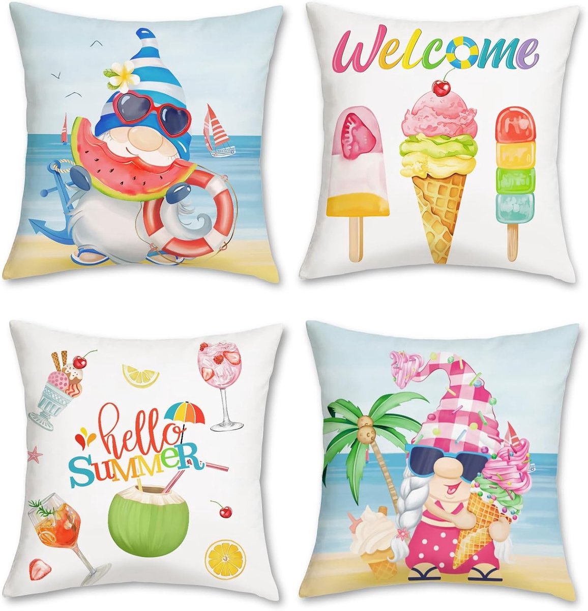 Zomerse Gnome Kussenhoezen 45 x 45cm met Watermeloen en Kokosnoot Design voor Sofa, Bed en Coastal Decor - Set van 4 Decoratieve Kussenslopen