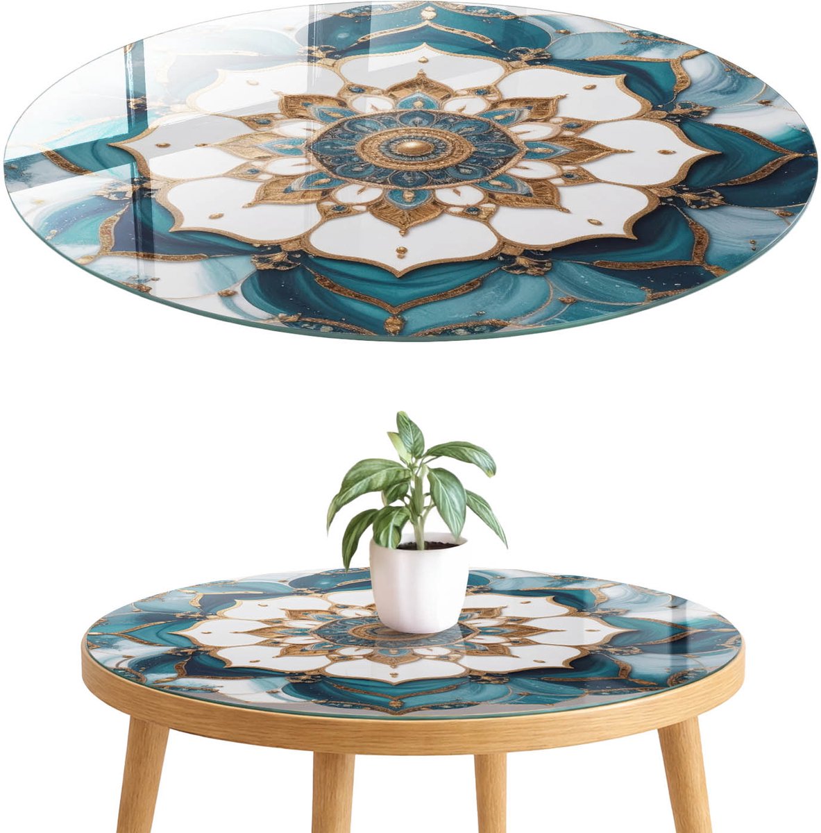 ArtPrintCave Mandala-elegantie Glazen Tafelblad fi70 cm - Tafelblad Rond - Turkoois Keukentafel - Abstractie Terrastafel