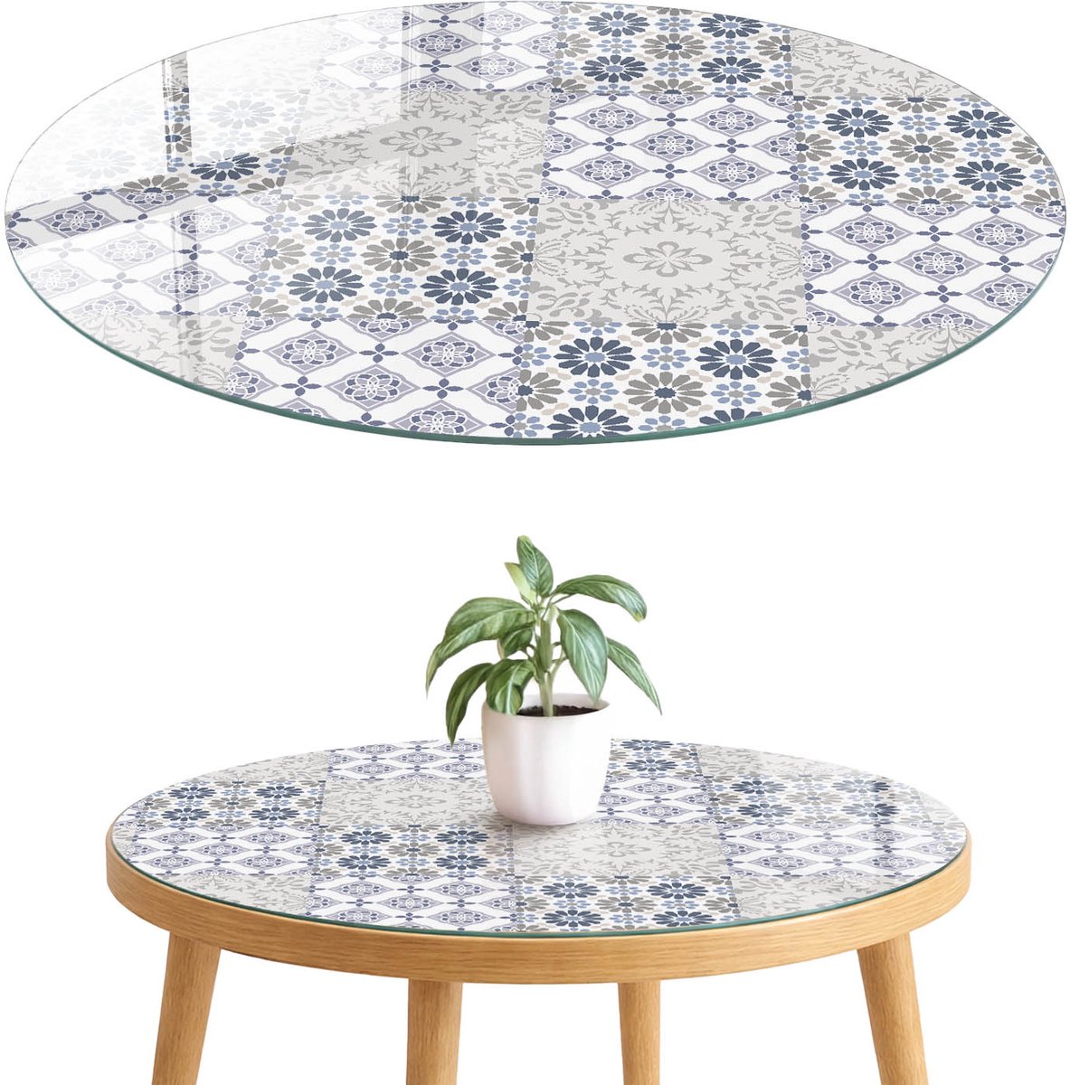 ArtPrintCave Bloemsymmetrie Glazen Tafelblad fi70 cm - Tafelblad Rond - Grijs Keukentafel - Achtergronden en patronen Terrastafel
