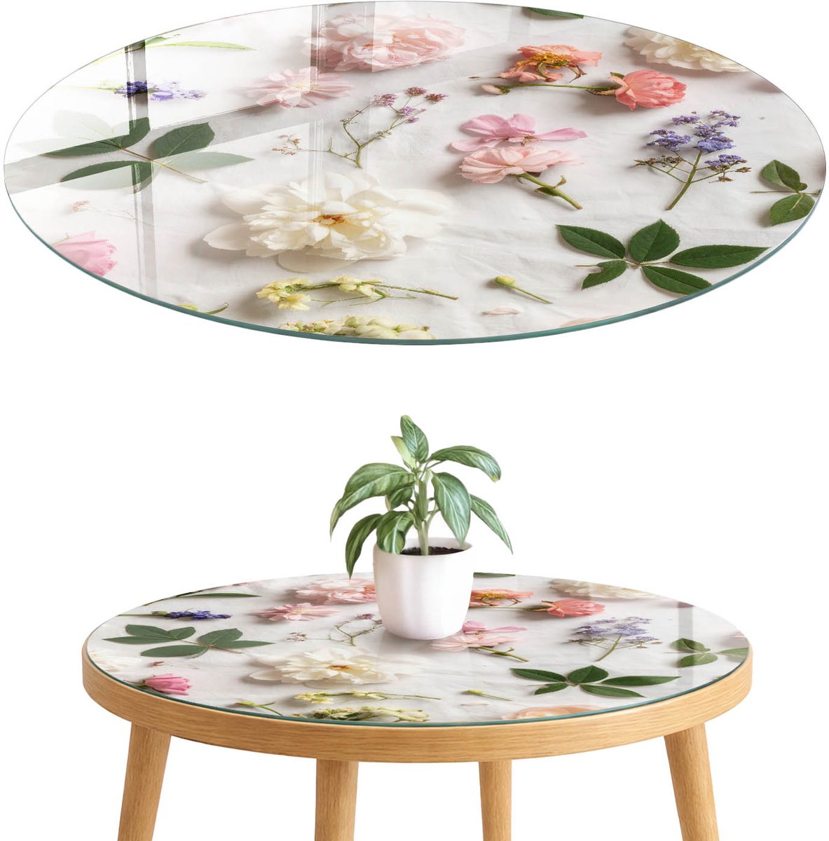 ArtPrintCave Bloemarrangement Glazen Tafelblad fi70 cm - Tafelblad Rond - Wit Glasplaat - Bloemen en planten Tafelblad Glas