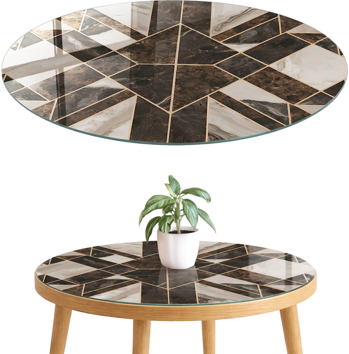 ArtPrintCave Stijlvol mozaïek Glazen Tafelblad fi70 cm - Tafelblad Rond - Bruin Eettafel Met Glasplaat - Geometrie Tafelblad Glas