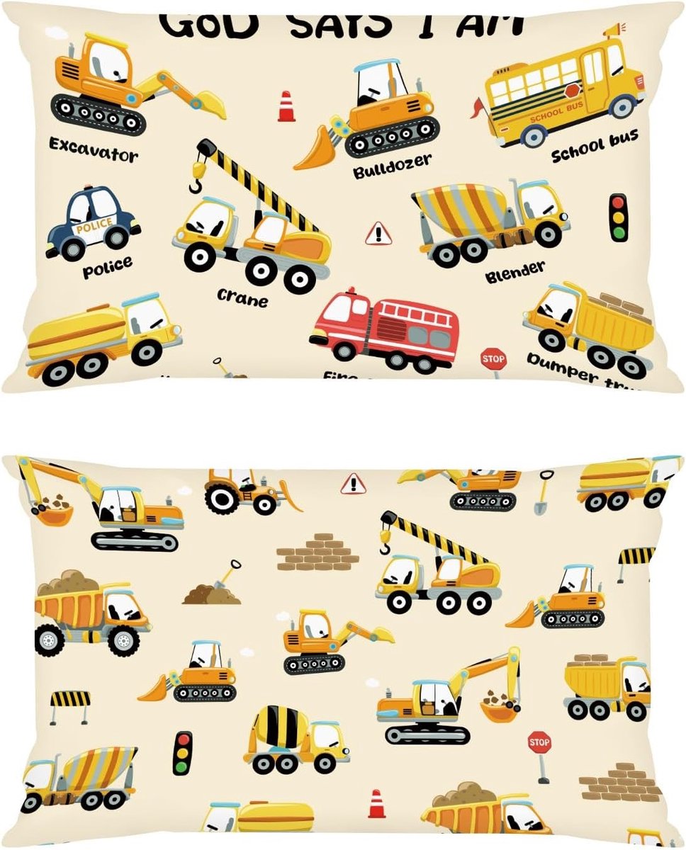 Set van 2 Decoratieve Kussenhoezen 33 x 45 cm met Cartoon Constructievoertuigen voor Sofa en Slaapkamer - Graafmachine, Tractor en Brandweerwagen Design