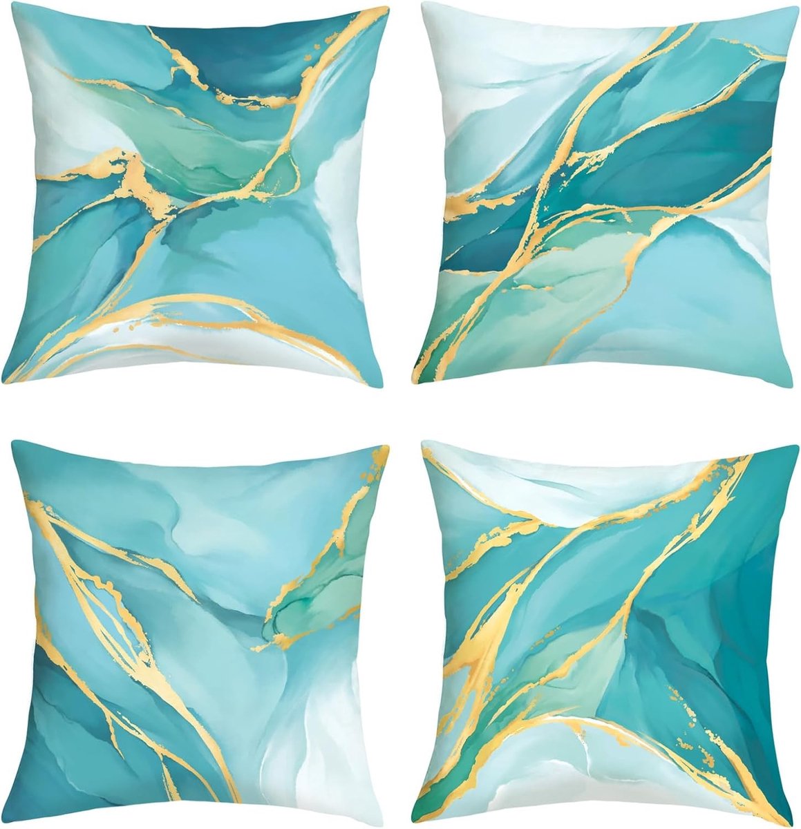 Set van 4 Kussenhoezen van Turquoise Marmer 45 x 45 cm - Modern Abstracte Decoratie voor Bank en Stoelen in de Woonkamer