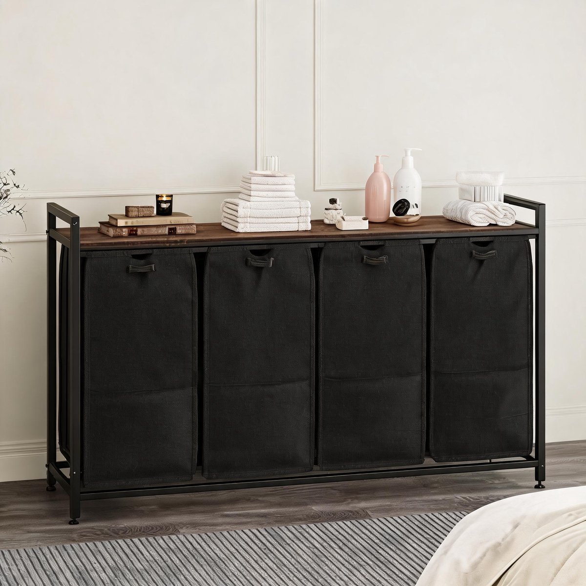 Danky Moderne Wasmand - 121x33x72cm - 4 lades - Zwart metaal design voor thuis en washok