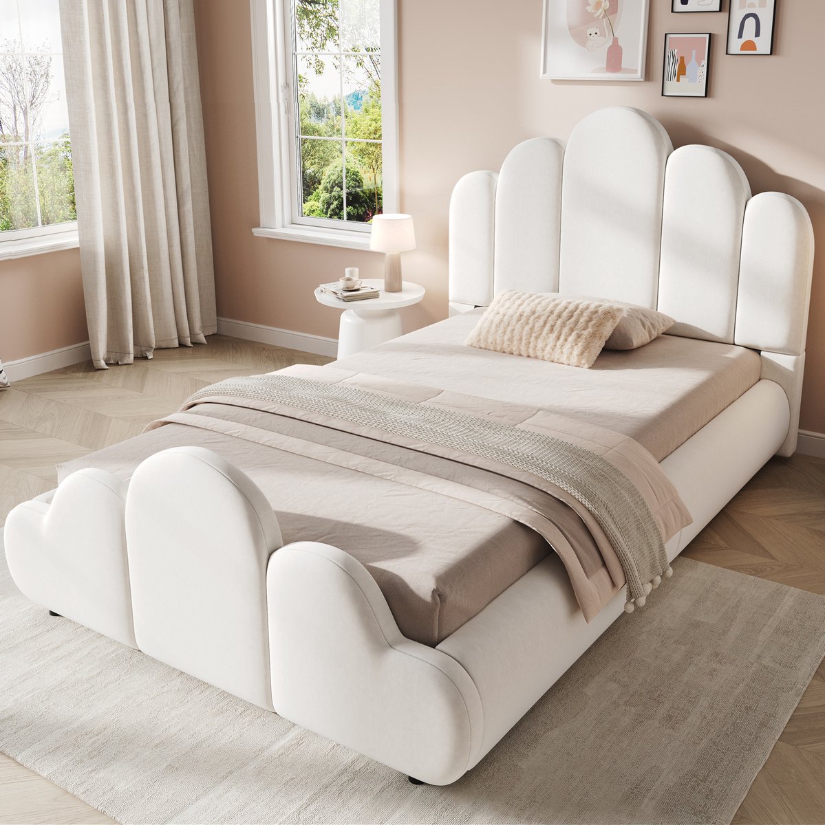 FloraGrace Gestoffeerd Bed 90 x 200 cm - Eenpersoons Kinderbed Met Lattenbodem - Wolkendesign - Met Opbergruimte - Samt - Beige - Zonder Matras